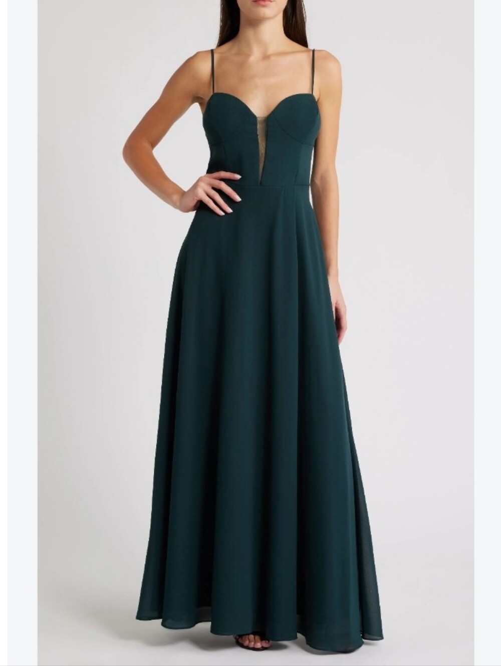 Lulu's sleek forest green maxi drrss with an open-back cutout